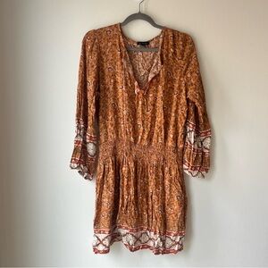 American Eagle Rust Floral Boho Mini Dress XL Bell Sleeve Smocked Waist Festival
